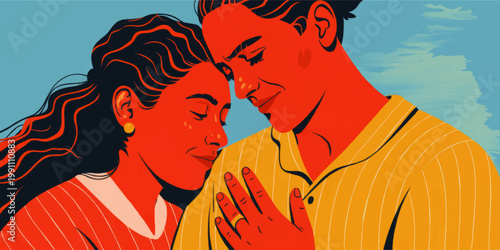 Romantic couple embracing in intimate close up, modern colorful illustration of love, tenderness, connection, and affection