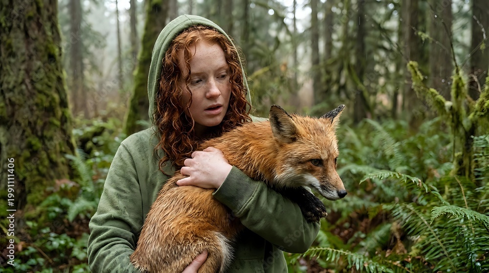 Fototapeta premium Young woman with curly red hair in green hoodie gently holding red fox in misty forest surrounded by ferns and moss-covered trees creating magical woodland scene.