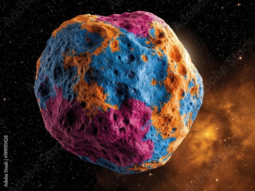 colorful asteroid glowing in deep space with rugged texture, cosmic light, and a surreal fantasy universe background