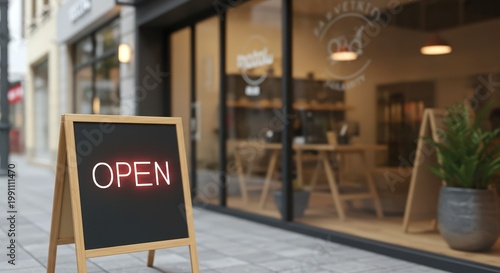 Black signboard in wooden frame with glowing text OPEN on street. Welcome sign for cafes and restaurants, local stores, new businesses. Interior of new cafe or studio on background through glass wall