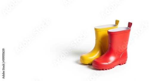 Children's bright mismatched rubber yellow and red small boots, copy space. Clothing for kids. Safety footwear during rainy weather in spring or fall. International Children's Day, symbol and metaphor