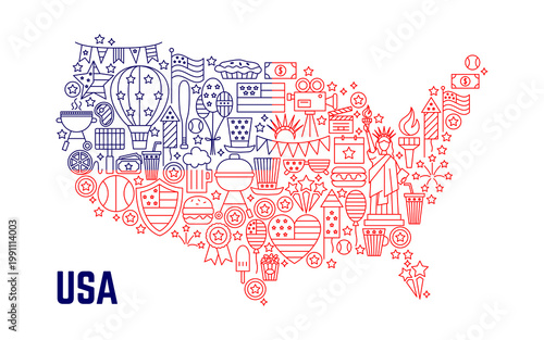 USA Map Line Icons Country. The United States of America. Happy Independence Day. Vector Illustration of Outline Travel BG. July 4th Celebration. 