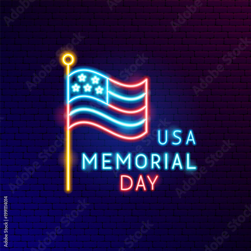 USA Memorial Day Holiday Neon Label. May Monday. United States of America. Vector Illustration of National Flag with Brick BG. Glowing Icon.
