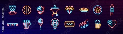 USA Travel Neon Objects Set. July 4th. Happy United States of America Independence Day Glow Icons. Vector Illustration with Dark Brick Wall BG. 