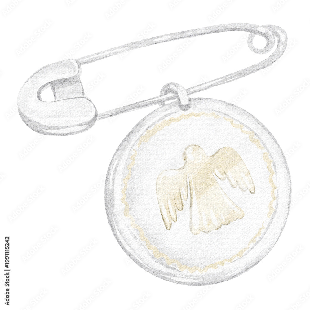 Obraz premium Baptism brooch illustration watercolor hand painted. Baptism medallion pendant with christian faith symbol and tender religious meaning. Baptism gift for baby, card design, church celebration, event.