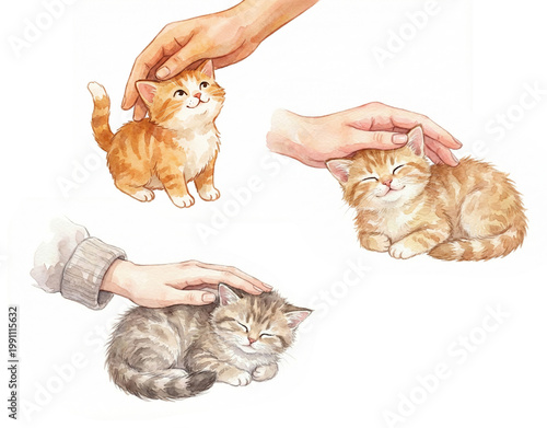 Cute cats being petted by hands, cozy and playful atmosphere, cartoon style, vibrant colors, pet illustration