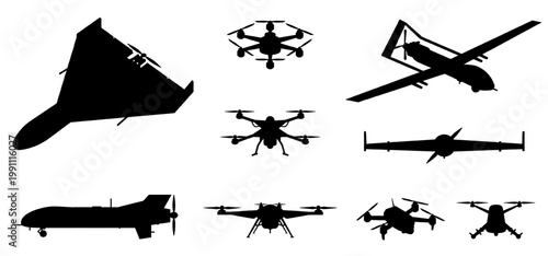 Silhouettes of various quadcopter drones and military UAV viewed from different angles used for surveillance and military applications. Transparent background