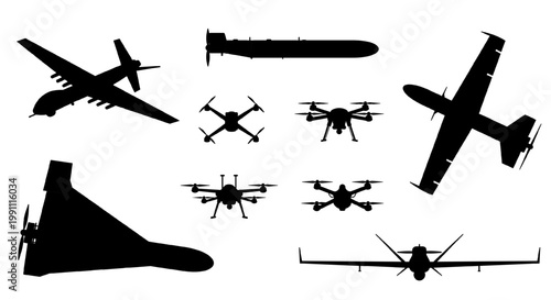 Military UAV and commercial drone silhouette set with combat fixed-wing, kamikaze, and quadcopter icons. Isolated black vector shapes on white background for war, conflicts, aviation and tech design.