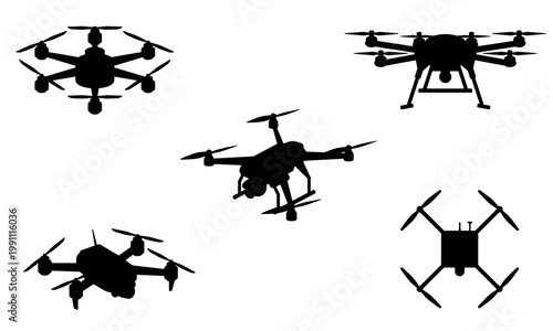 Silhouettes of various quadcopter drones and military UAV viewed from different angles used for surveillance and military applications. Transparent background