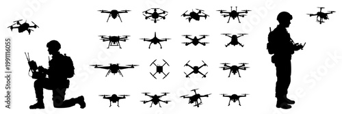 Military drone operator and quadcopter silhouette set. Black soldiers controlling UAVs and various unmanned aerial vehicle icons (FPV drones) isolated on white background for war and tactical design.