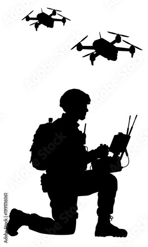 Drone operator vector silhouette kneeling with remote controller and UAV quadcopters overhead. Soldier and FPV drones isolated on white. Military reconnaissance, surveillance, modern warfare concept.