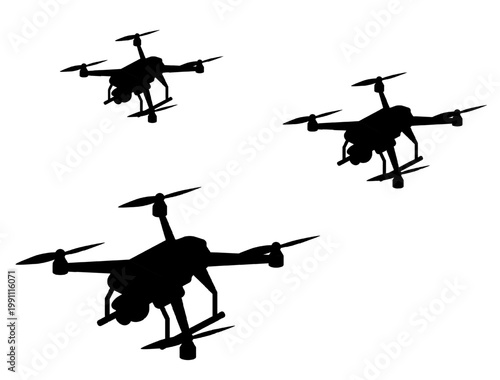 Drone swarm attack silhouette. Black military quadcopter UAV vector shapes flying in formation. Unmanned aerial vehicle combat icons isolated on a white background. War, conflict, air strike concept.