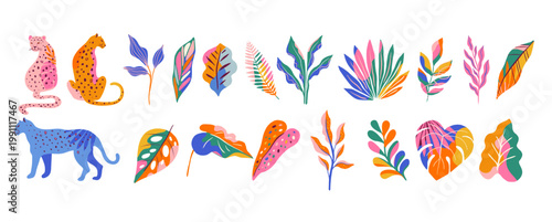 Tropical colorful leaves and animals collection. Exotic jungle plants, cheetahs, jaguars and leopards summer illustrations and graphic elements set.