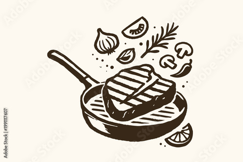 Grilled steak doodle vector illustration with frying pan, herbs, mushrooms and lemon hand drawn