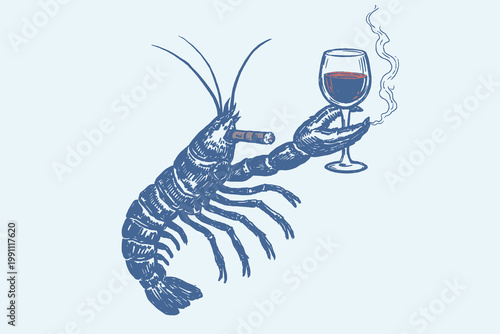 Funny lobster with wine glass and cigar doodle vector illustration in quirky hand drawn seafood style