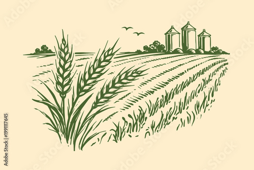 Wheat field doodle vector illustration with farm silos, hand drawn cereal crop landscape sketch style
