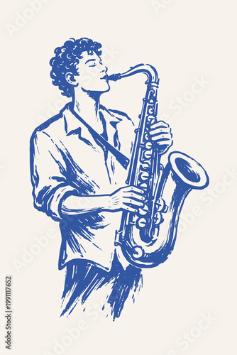 Jazz saxophone player doodle vector illustration with hand drawn musician in blue line art sketch style