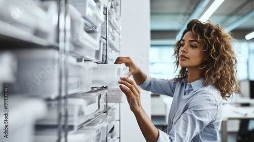 Woman organizing clear storage boxes in an office environment, managing inventory and supplies, maintaining efficient workspace organization and order