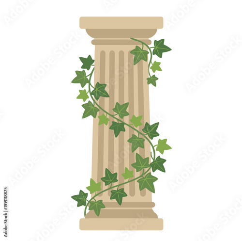 Classical stone pillar wrapped in lush green ivy vines for architectural decoration elements