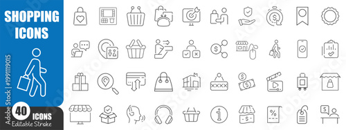 Shopping Line Icons Set, E Commerce Retail Online Store Payment Delivery Outline Vector Collection Editable Stroke