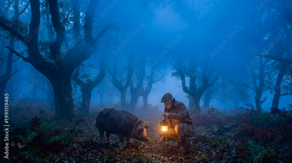 Fototapeta premium Truffle hunter with pig in misty forest at dusk with lantern