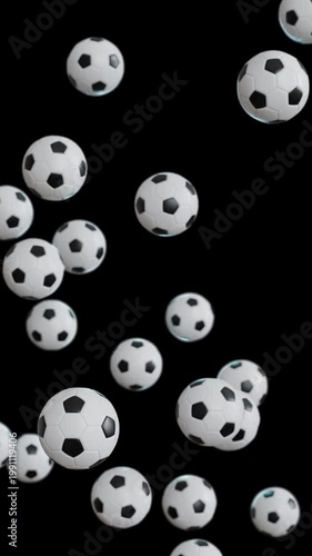 Falling soccer balls on transparent background, seamless sports loop