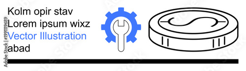 Financial management, technical repair, fintech, savings, system optimization, economy. Blue gear with wrench and coin symbol. Financial management and technical repair concepts