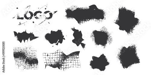 Distorted irregular shapes collection . Noisy design . Noise destroyed logo . Trendy grainy shapes set . Graph print texture .Spray effect .Grunge texture . Distressed element .vector