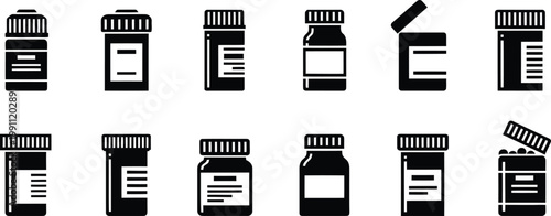 Medical Pill Bottles Vector Illustration Icon Set for Pharmacy Design