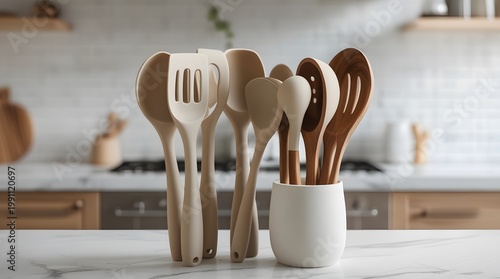 Elegant Piece Silicone Kitchen Tools with Wooden Handles Cozy Minimal Kitchen Scene
