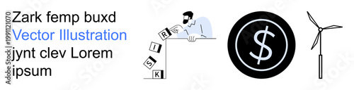 Risk analysis, business strategy, green energy, economics, renewable resources, sustainability. A person toppling risk blocks, dollar coin wind turbine. Risk analysis and green energy concepts