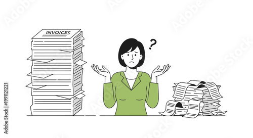 Woman Confused by Invoice Stack and Receipt Pile Minimalist Vector Illustration