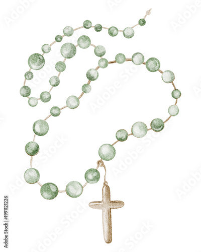 Foto Cross rosary hand painted watercolor illustration of holy christian jewelry