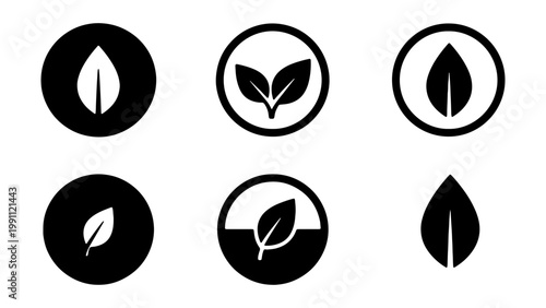 Minimalist leaf icons set, organic nature symbols, 6 eco friendly vector elements