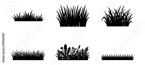 Black grass silhouette set, 6 meadow plant vectors, garden lawn turf borders