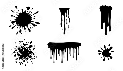 Black ink splatters and dripping paint set, 6 vector liquid blot elements, grunge stains