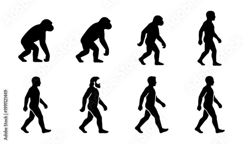 Human evolution silhouettes, 8 stages of man progress, monkey to human vector icons