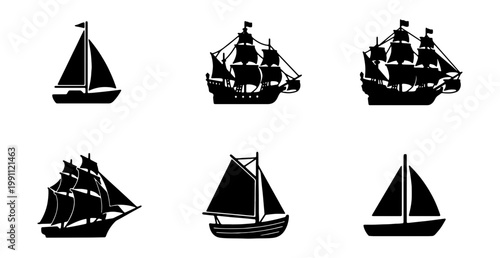 Vintage sailing ship silhouettes, 6 nautical vessel icons, antique boat vector set