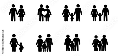 Family silhouette icons set, black people pictograms, 8 parent and child vector symbols