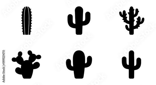 Cactus silhouette icons, black desert plant vector set, 6 succulent nature symbols