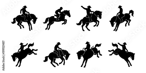 Rodeo cowboy silhouettes, bucking bronco horse icons, 8 western rider vector elements