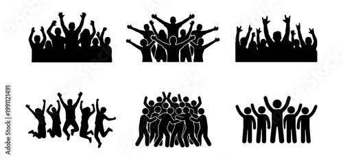 Cheering crowd silhouettes, 6 vector sets of people celebrating, happy audience icons