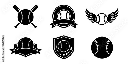 Vintage baseball logo set, 6 sports emblems with bats and balls, black vector icons
