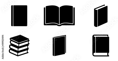 Minimalist book icon set, black education symbols, 6 vector library elements for web