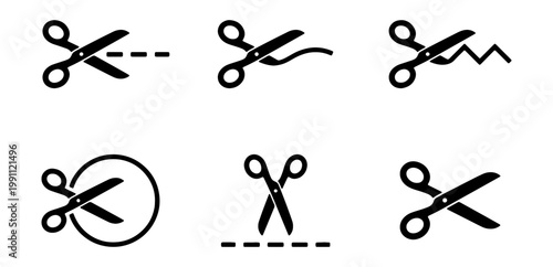 Black scissors icon set, 6 cutting line vector symbols, minimalist scissor silhouettes