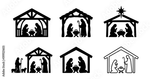 Nativity scene silhouette icons, 6 Christmas manger vector elements, holy family set