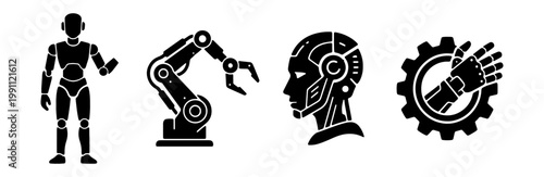 Robotic technology icons, industrial robot arm set, artificial intelligence vector glyphs