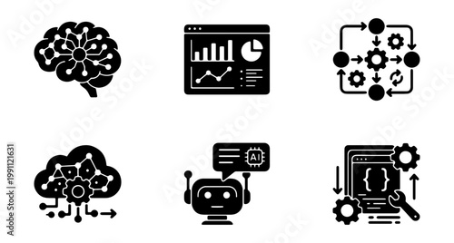 Artificial intelligence icons, machine learning glyphs, 6 AI technology vector set