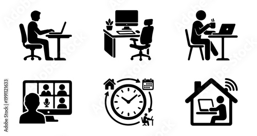 Remote work icon set, 6 freelance business vectors, home office workspace silhouettes