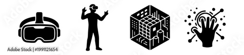Virtual reality icon set, metaverse technology symbols, 4 black vector glyph icons
